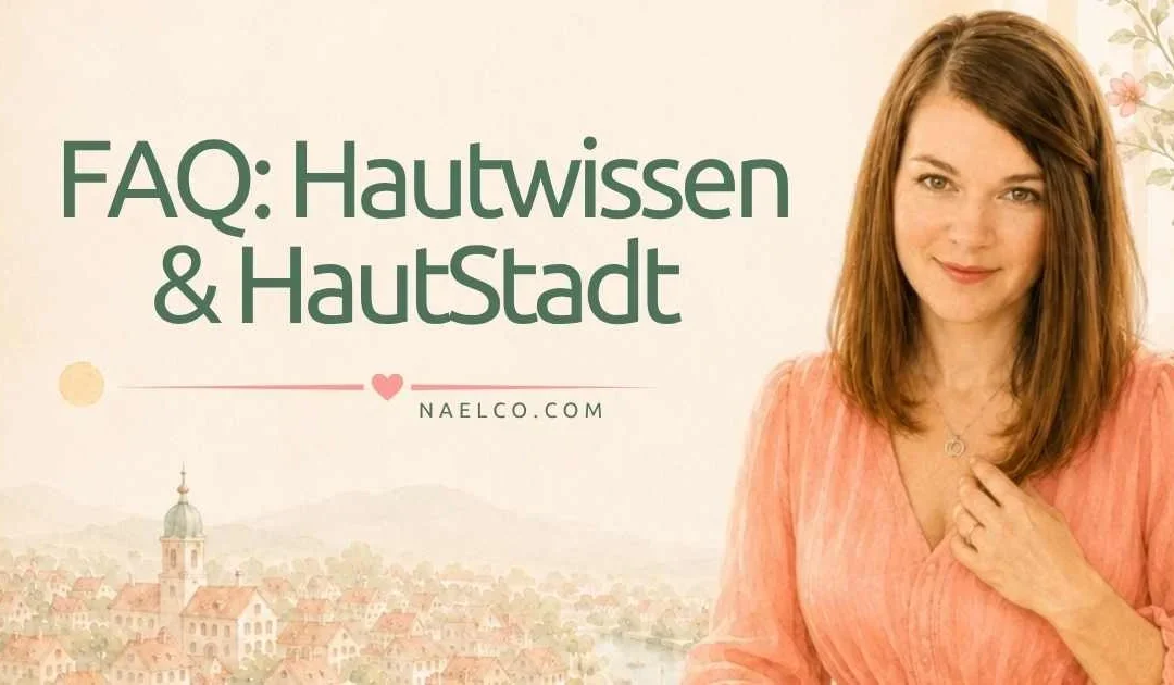 FAQ Hautwissen von naelco skinfood mit der HautStadt im Hintergrund und Ivonne Starkmann als Aquarell Illustration.webp