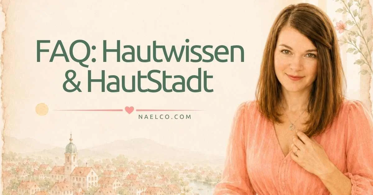 FAQ Hautwissen von naelco skinfood mit der HautStadt im Hintergrund und Ivonne Starkmann als Aquarell Illustration.webp