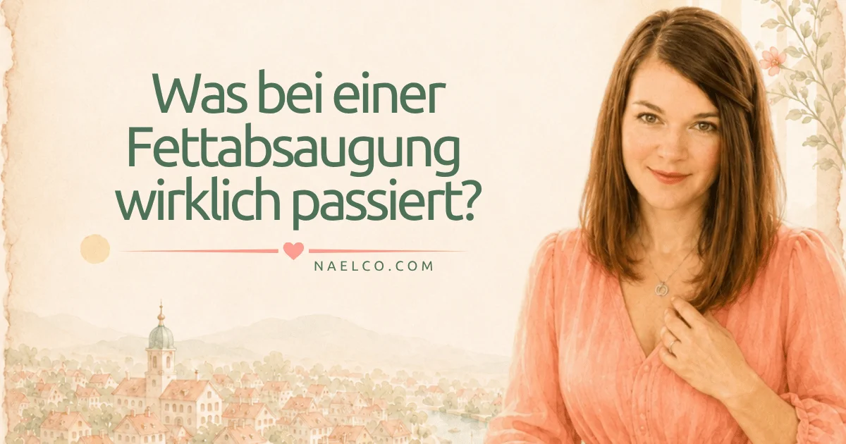Blog Beitragsbild Was bei einer Fettabsaugung wirklich passiert naelco skinfood mit der HautStadt im Hintergrund und Ivonne Starkmann als Aquarell Illustration.webp